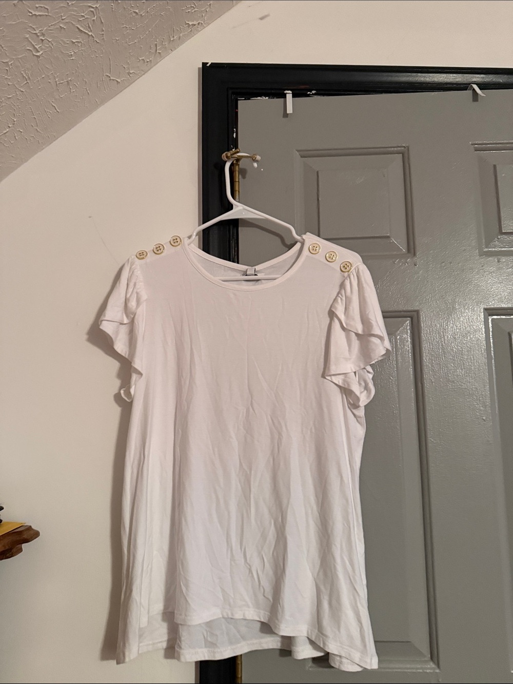 Kim Rogers White Ruffle Sleeve Tee with Gold Buttons